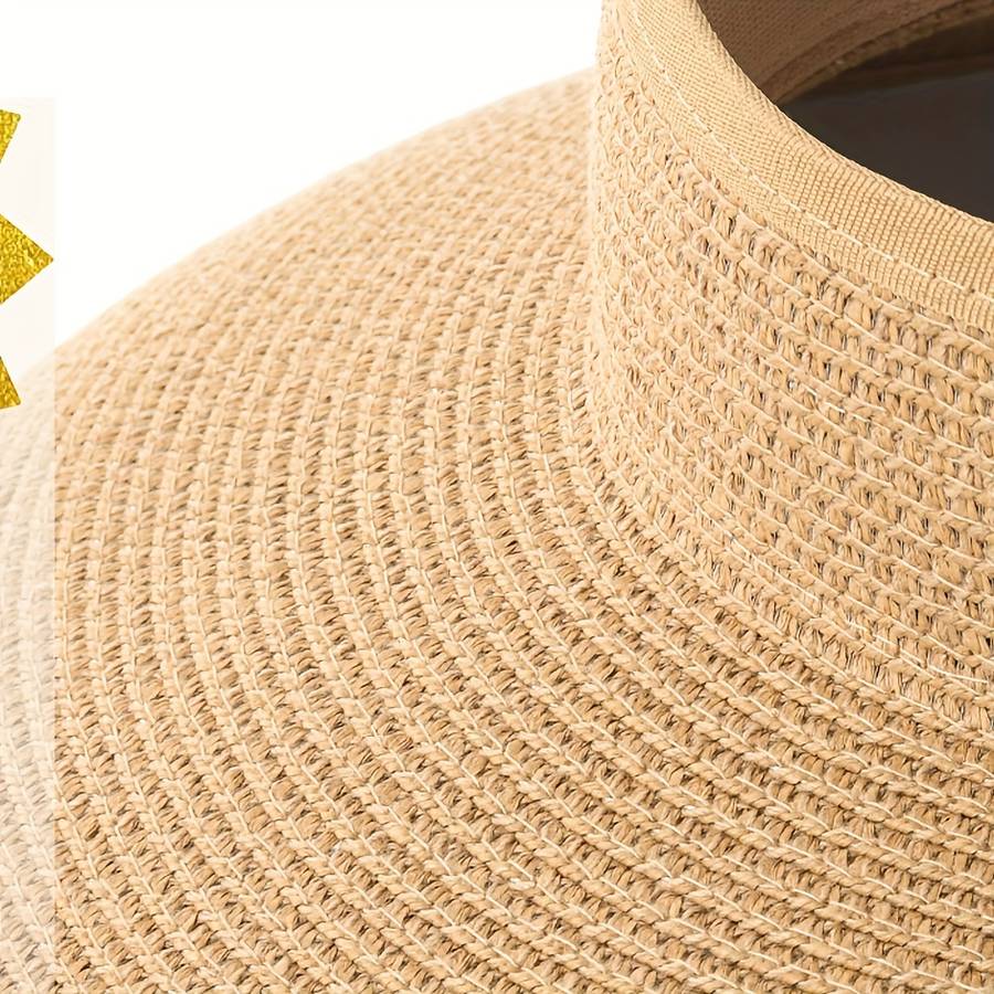 1pc Women'S Wide Brim Straw Sun Visor Hat Packable Foldable Summer Beach Travel Ponytail Hat