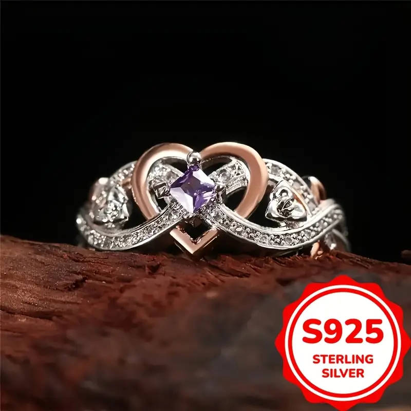 925 Sterling Silvery Infinity Heart Ring with Purple Synthetic