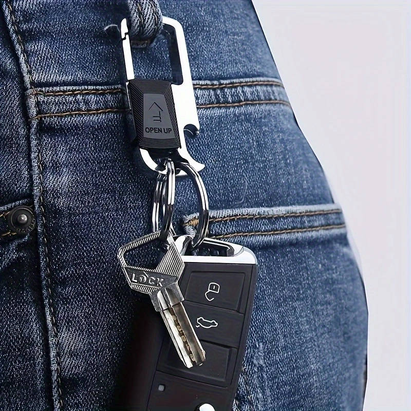 1pc Stainless Steel Car Keychain for Men with 4 Detachable Rings Bottle Opener Sleek Black Business