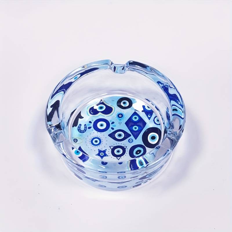 1pc Round Glass Ashtray with Blue Eye Design 8.48cm Decorative Smoke Accessory for Home Bar U