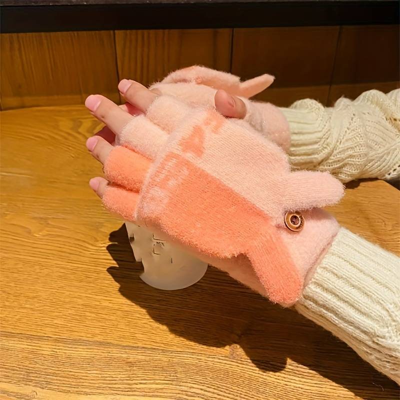 1 Pair Flip Letter Rabbit Ears Orange Warm Gloves