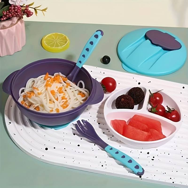 6pcs Baby Feeding Set BPA-Free Plastic Silicone Non-Slip Suction 3-Compartment Plate Ute