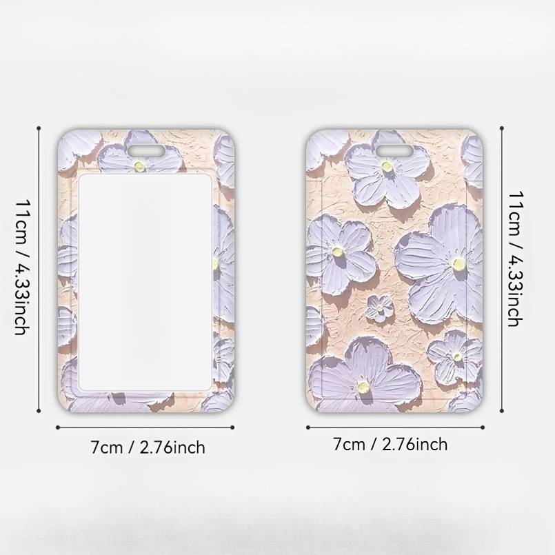 1pc Floral Oil Painting Design Card Holder with Lanyard Durable Plastic Protective Case for Stude