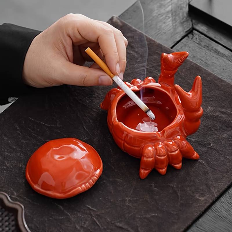 1pc Cute Crab-Shaped Ceramic Ashtray with Lid Perfect for Office Home Decor Prevents Flying As