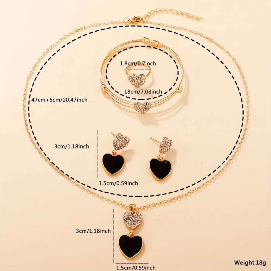 4pcs set Women's Fashion Quartz Watch Black PUPU Leather PU Leather Rhinestone Necklace Earrings Rin