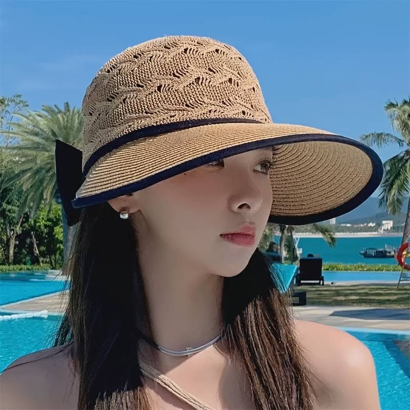 1pc Womens Stylish Summer Straw Sun Hat with Bowknot Breathable Foldable UV Protection Wi