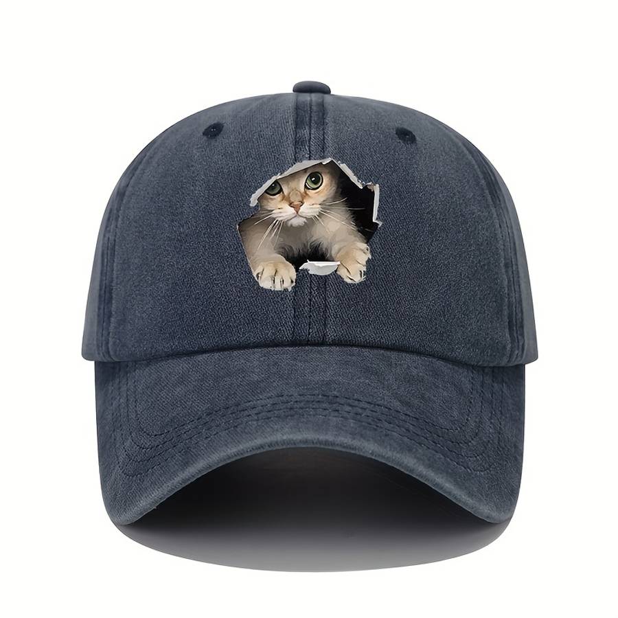 1pc Vintage Washed Cotton Baseball Cap with 3D Cat Print Adjustable Stretch Fit Lightweight All-S
