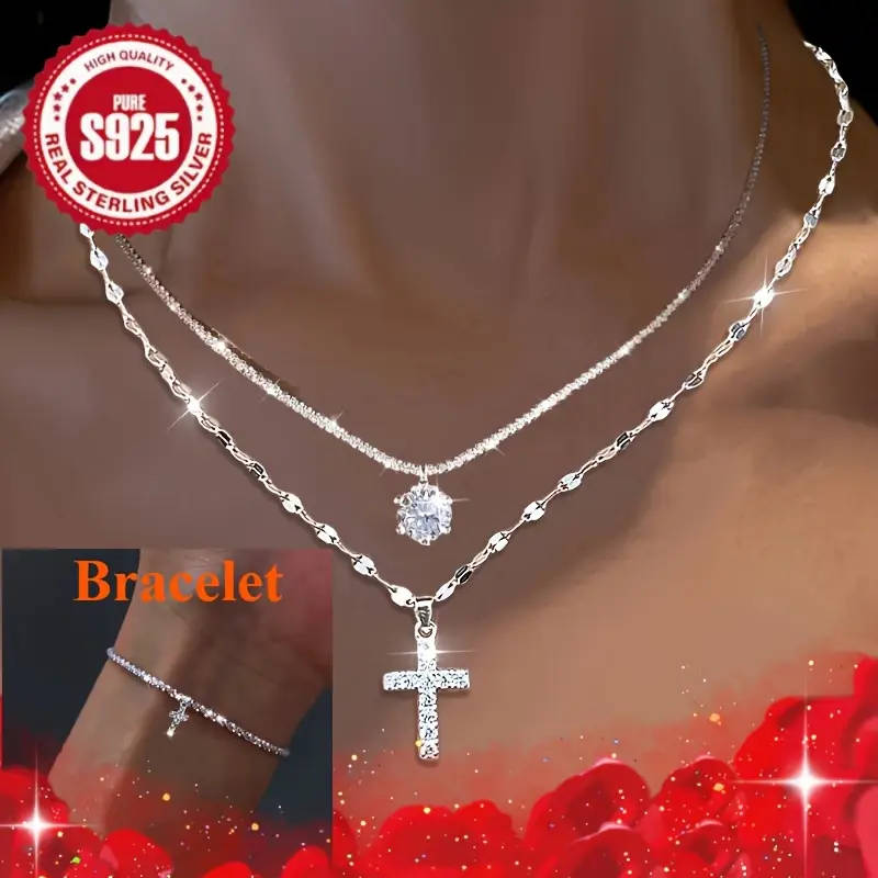 3 Piece 925 Silver Necklace with Cross Pendant, Zirconia Necklace and Cross Pendant Bracelet