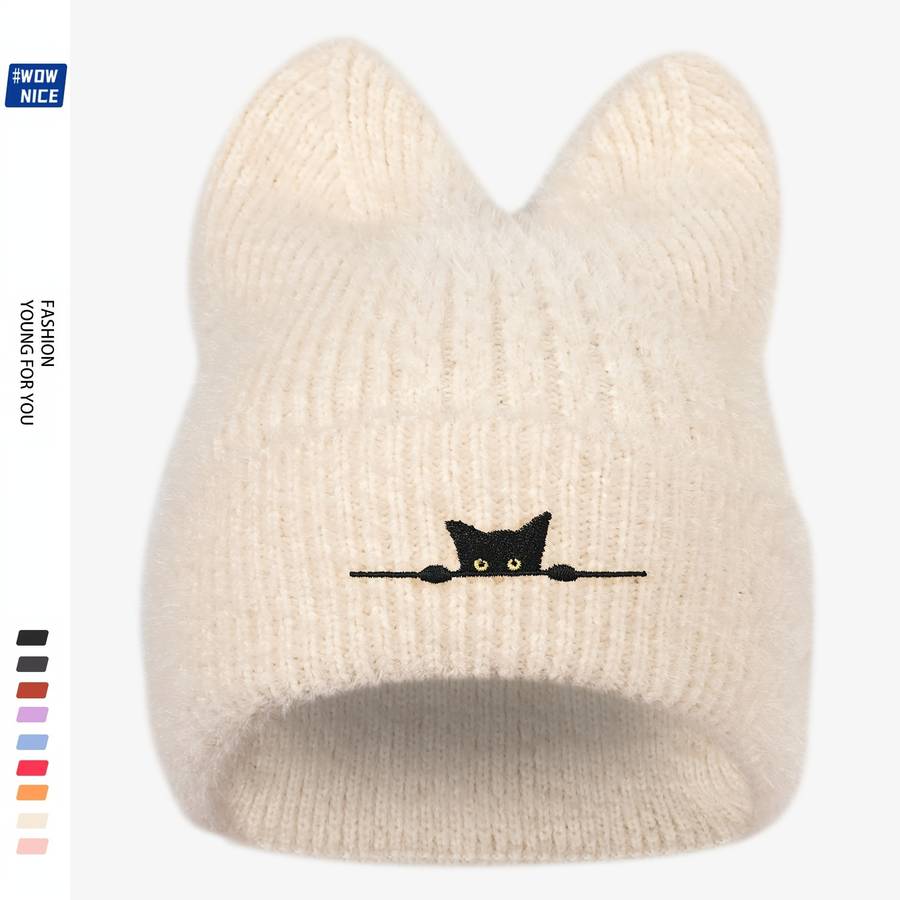 Cozy Black Cat Embroidered Knit Beanie Thick Plush Winter Hat with Ear Covers Breathable St