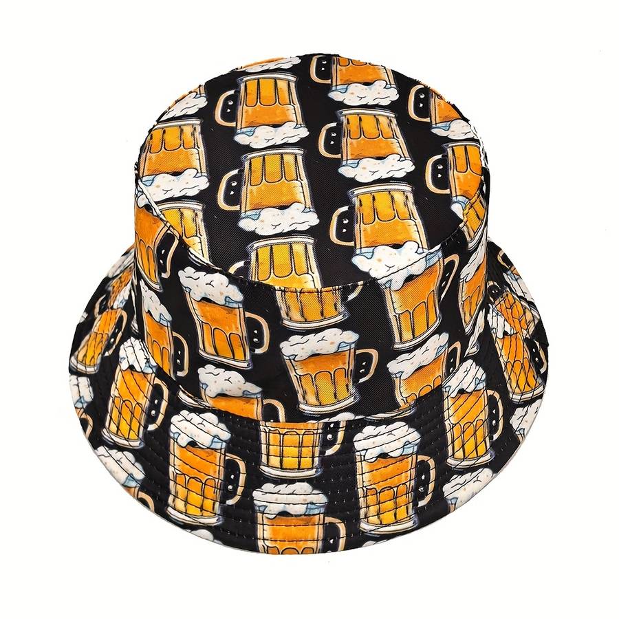 FUODRAO Men'S Stylish Beer Print Bucket Hat Double-Sided Sun-Protective Beach Cap
