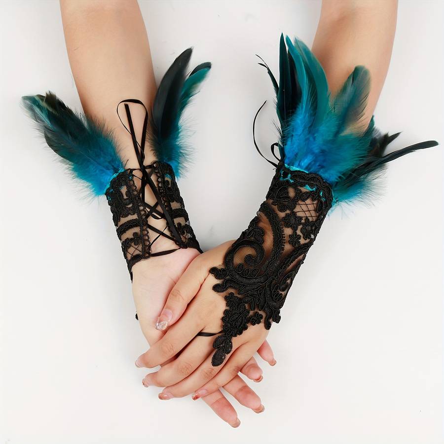 1 Pair Red Lace Faux Feather Gloves