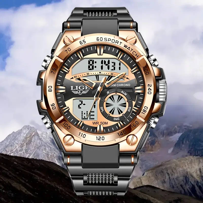 Men's Sports Dual Display Watch Rose Black