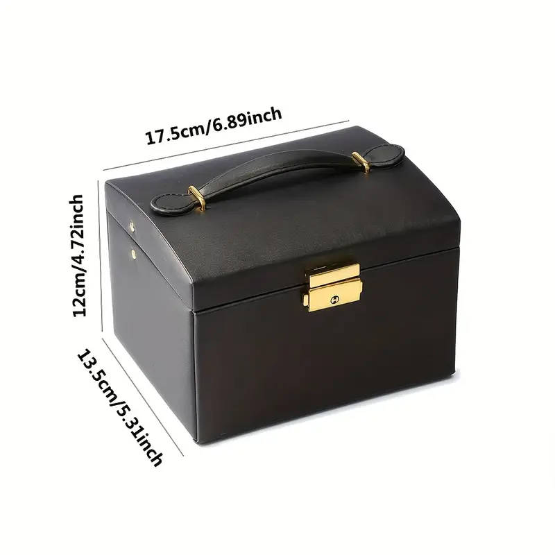 1pc Elegant Black Faux Leather 3-Tier Jewelry Organizer Box with Pink Interior Detachable Tray Mirro