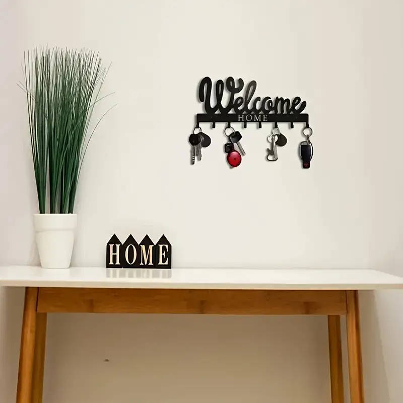 1pc Black Metal Welcome Home Key Holder with 8 Hooks Wall Mounted Key Rack for Keys Towels Coats Ver