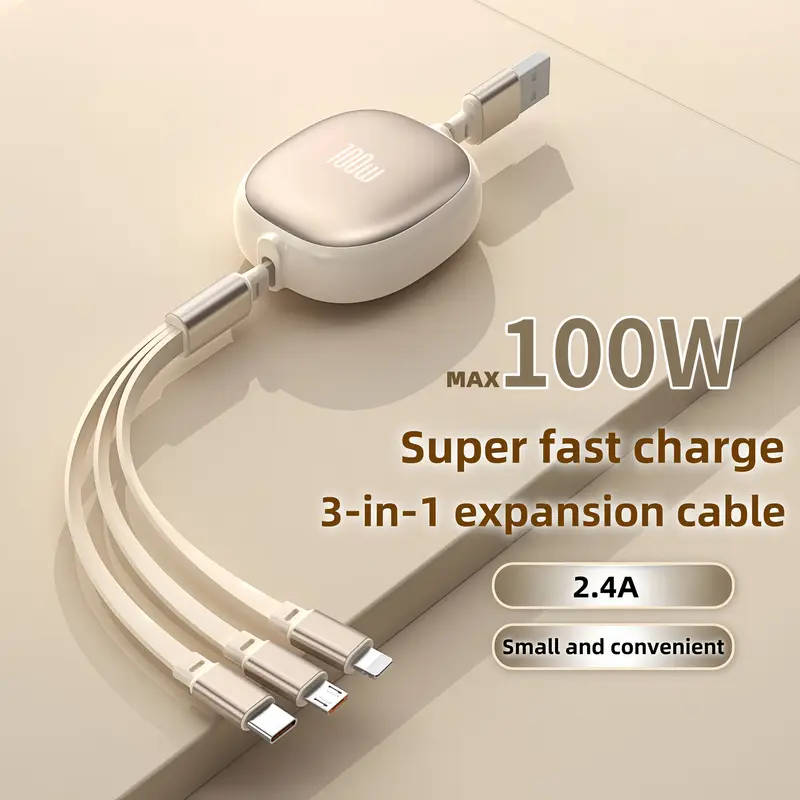 1pc 3in1 Retractable USB Charging Cable 100W Fast Charging USB to C Micro USB for iPhone 13 14 12 11