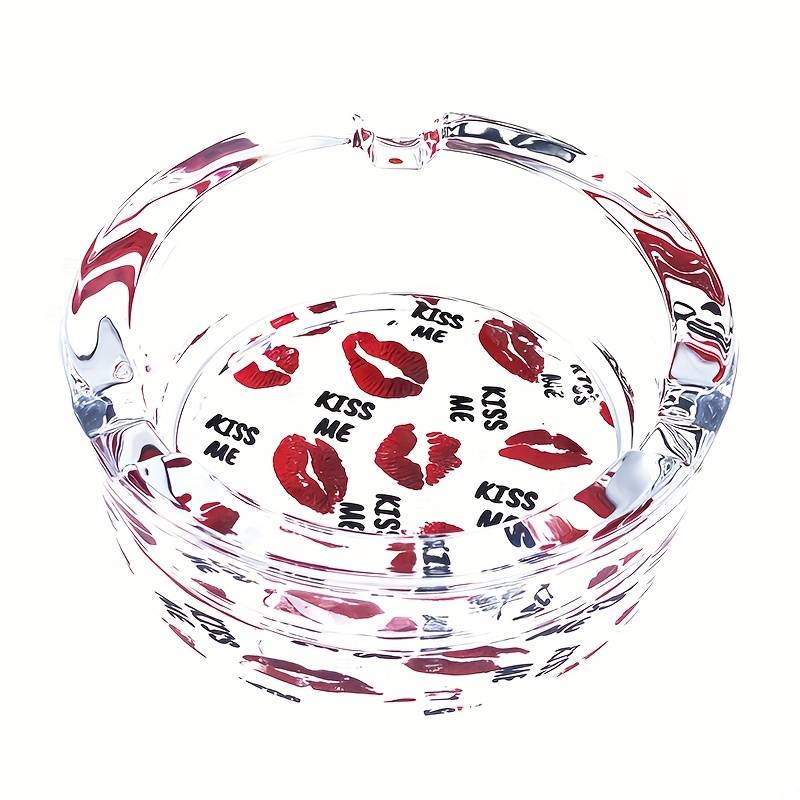 1pc 8.48 cm Round Glass Ashtray with Sexy Red Lips Design C KISS ME Pattern Clear Smoking Access