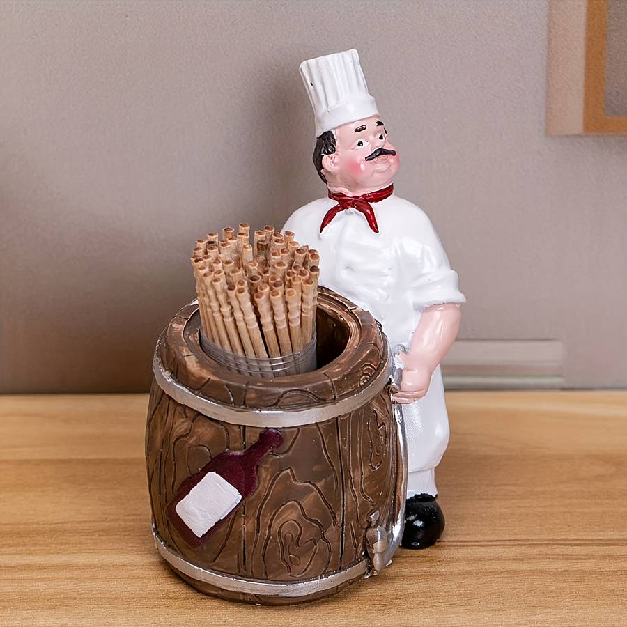 1pc Chef in Barrel Toothpick Holder Cartoon Resin Kitchen Decor White Chef with Red Apron