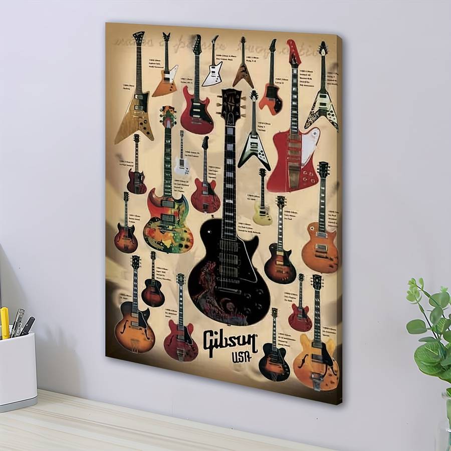 1pc Gibson Guitars Showcase Wooden Framed Canvas Wall Art Vintage Music Decor with 12 Iconic Elec