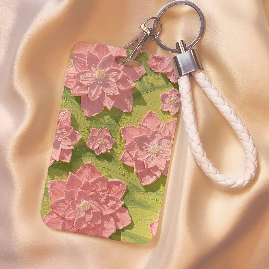 1pc Floral Oil Painting Design Card Holder with Lanyard Durable Plastic Protective Case for Stude