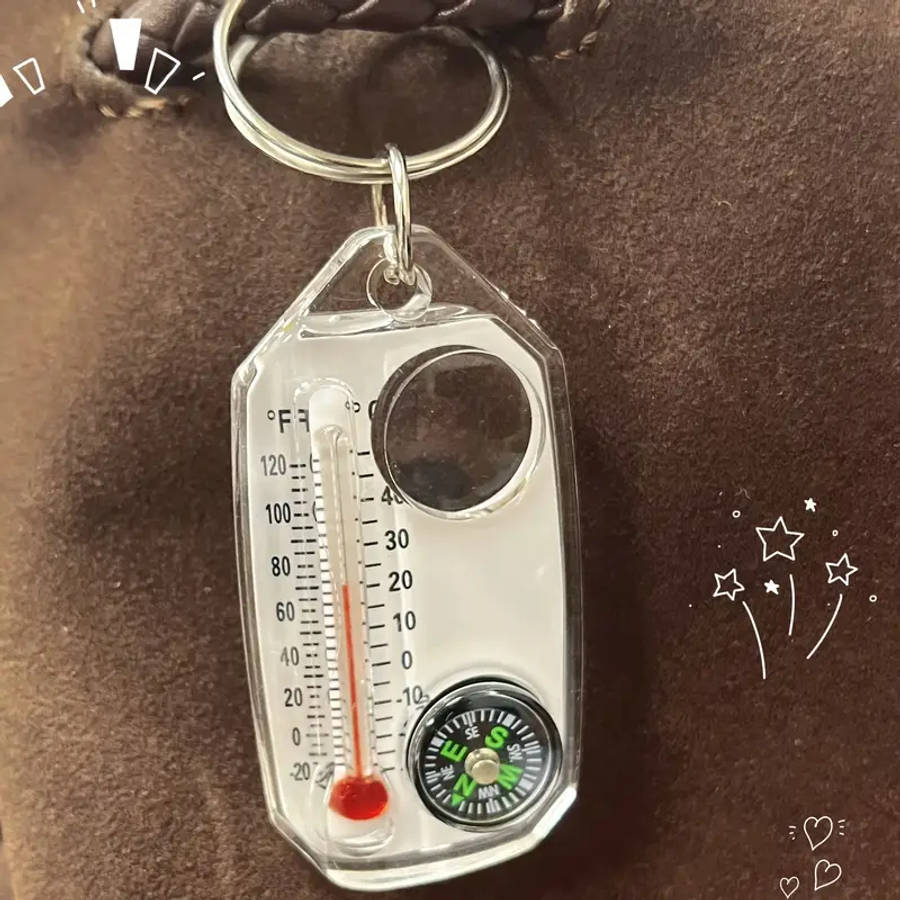 1pc 3in1 Keychain with Temperature Gauge Compass and Magnifying Mirror Portable Mini Mountaineering