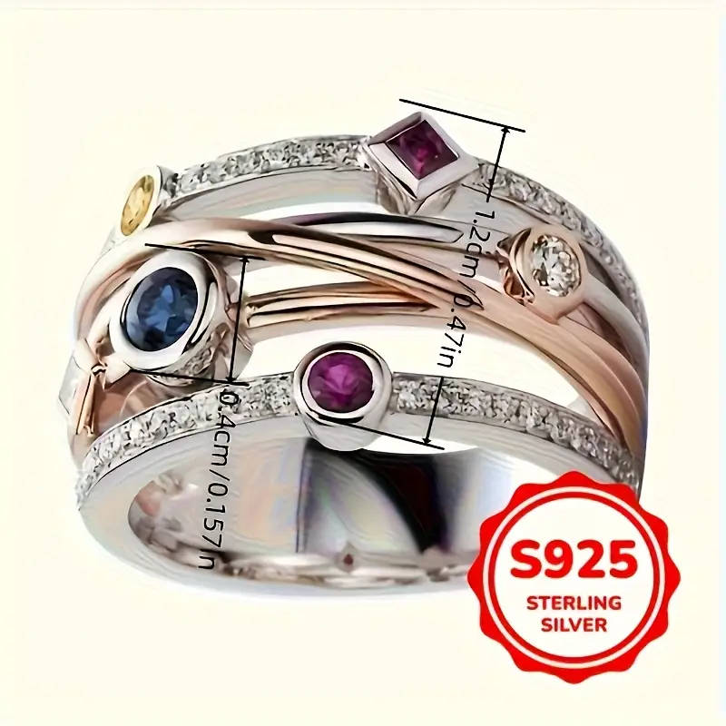 Multi-Layered Two-Tone 925 Sterling Silver Ring with Synthetic Gemstone, Bohemian Style