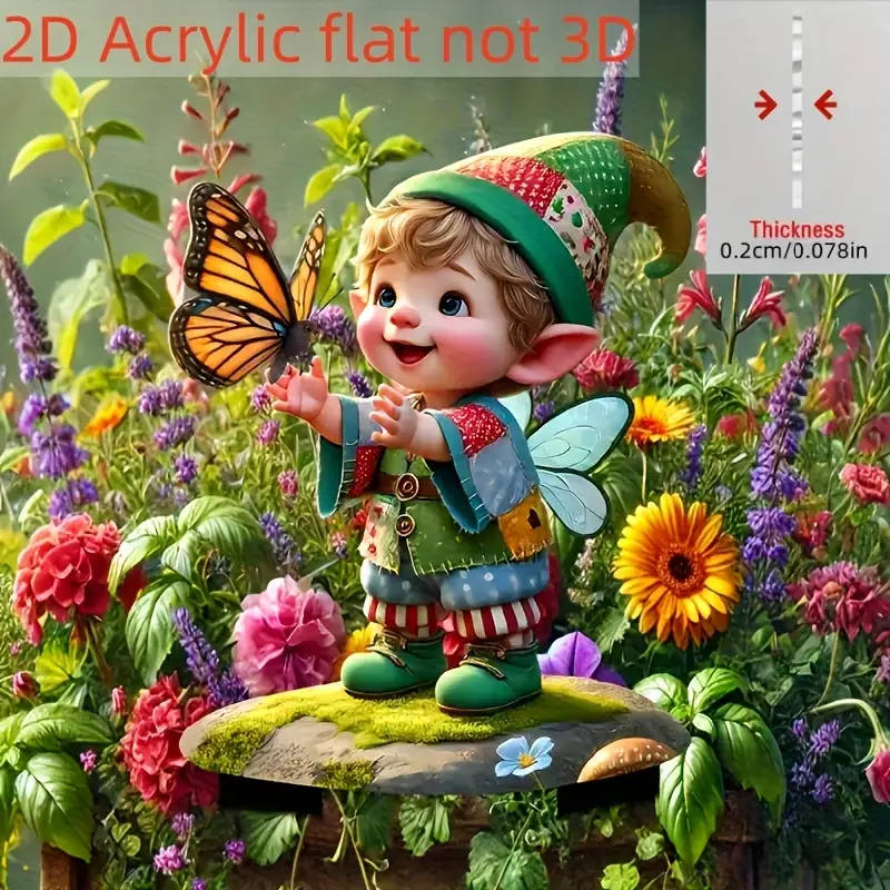 2D Flat 1 Piece Bohemian Gnome and Butterfly Acrylic Garden Pole