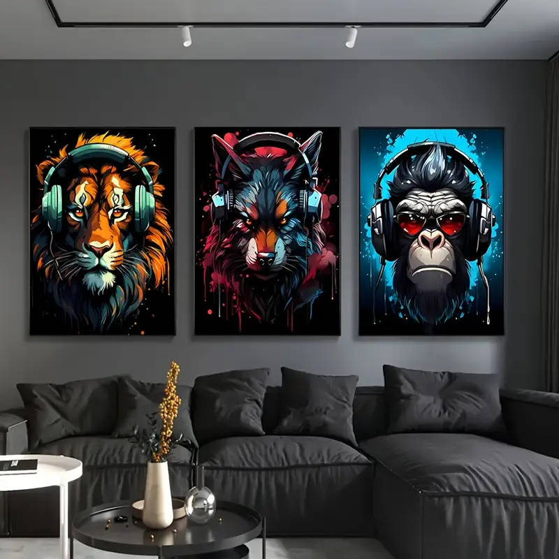 3 Piece/Set Unframed Modern E-sports style Wearing headphones Tiger Wolf Chimpanzee Painting