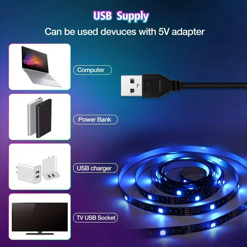 5V USB charging Rgb LED Strip Lights with 44 Keys, USB power supply EASY to INSTALL, 5 METER