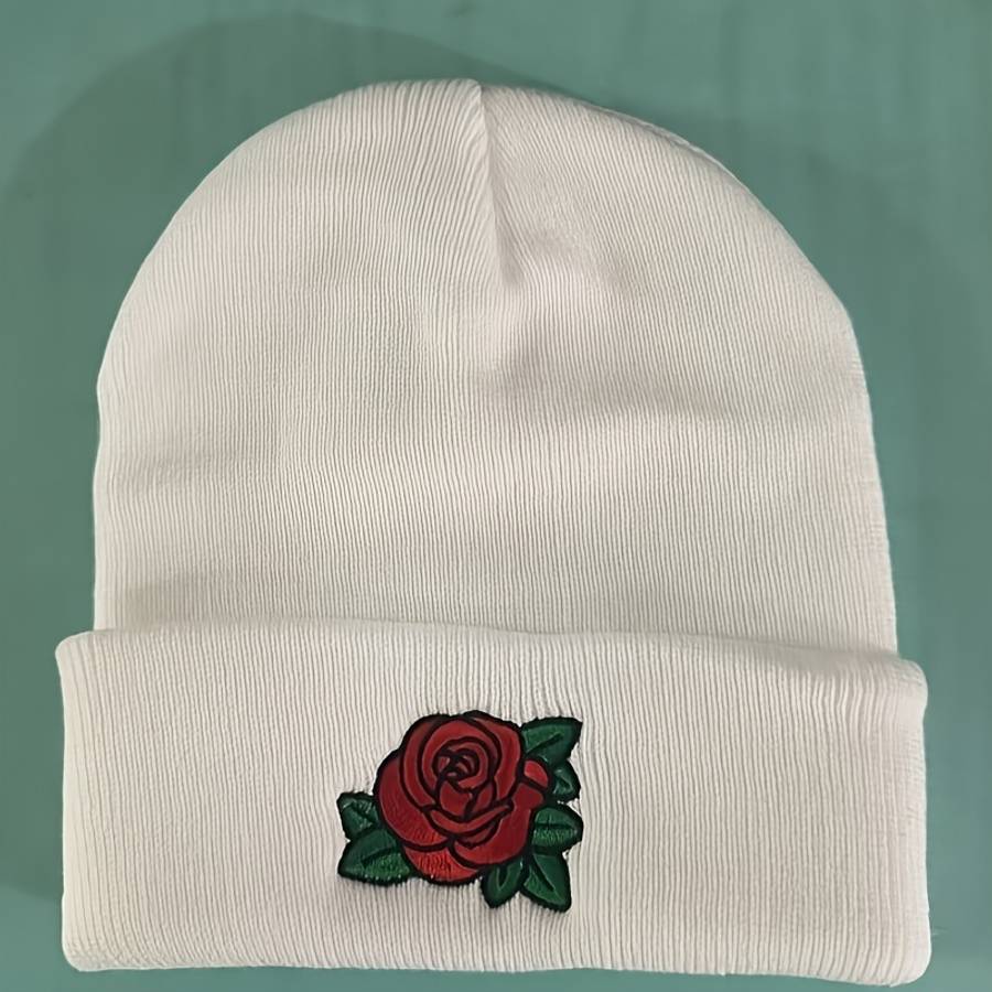 Embroidered Rose Beanie Hat 100% Acrylic Knit Cap with Elasticity Lightweight Winter Headwear