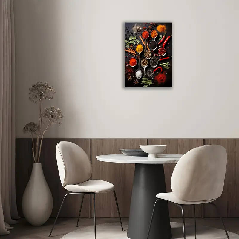 1pc Colorful Cooking Spices Canvas Wall Art Wooden Framed Print for Kitchen Living Room Bedroom Deco