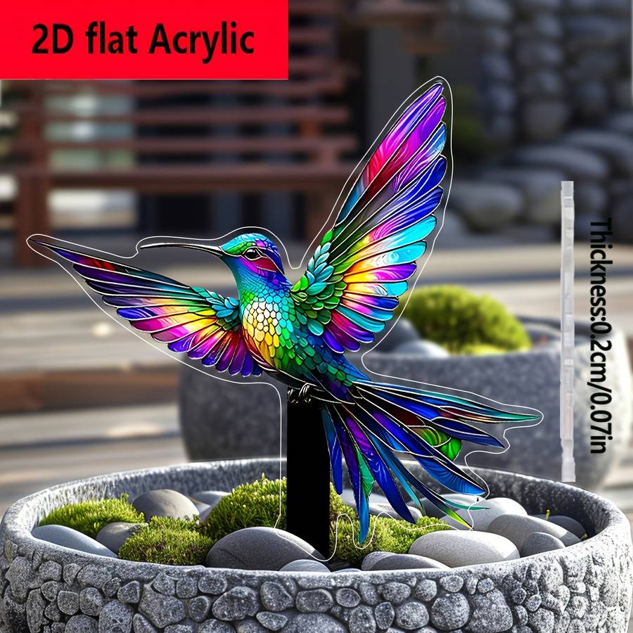 1pc 2D Flat  Acrylic Hummingbird Garden Decoration Vibrant Rainbow Feathers Classic Style No Bat