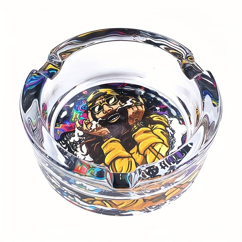 1pc 85mm Round Glass Ashtray with Vibrant Psychedelic Art Design Durable Transparent Ideal for