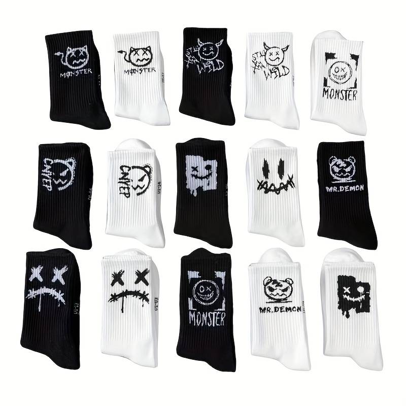 5 Pairs Random Black And White One Size High Elastic Socks