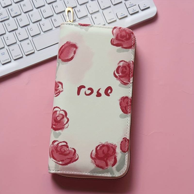 1pc Women'S Floral Print Long Zipper Wallet Large Capacity Synthetic Faux Leather Clutch with Mult