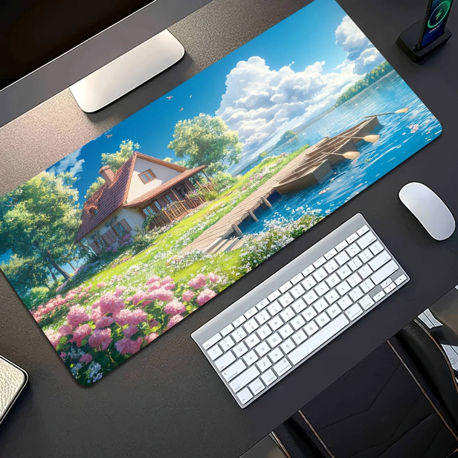30x80cm Pastoral Lake Cottage Scenery Mouse Pad Rubber Non-Slip Washable Mouse Pad