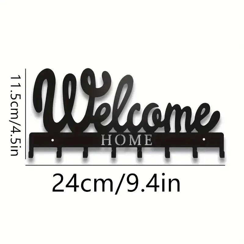 1pc Black Metal Welcome Home Key Holder with 8 Hooks Wall Mounted Key Rack for Keys Towels Coats Ver
