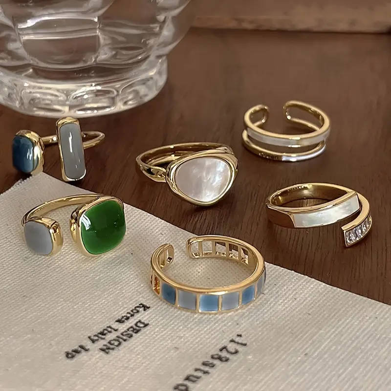 6-Piece Vintage Style Faux Emerald & Enamel Open Ring Set
