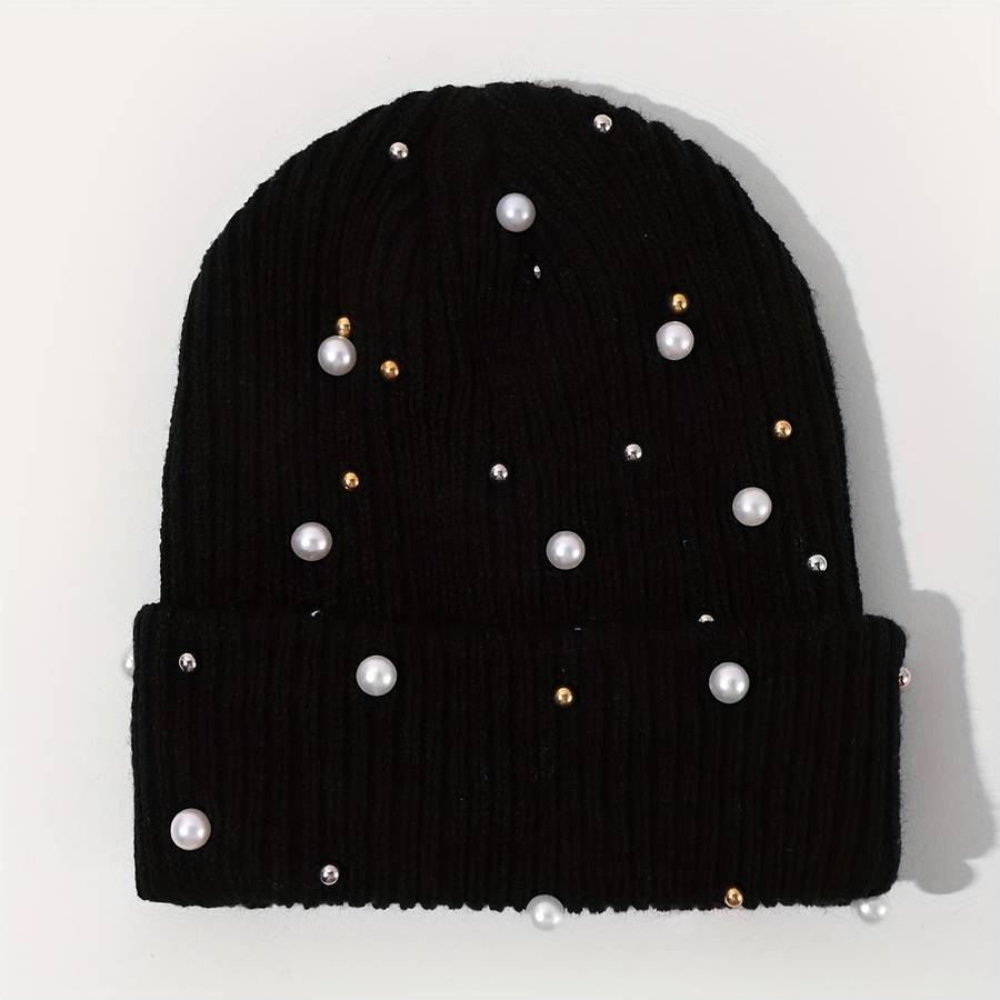 1pc of Women'S Fashion Pearl Decorated Knitted Hat Without Brim Suitable for Autumn And Winter