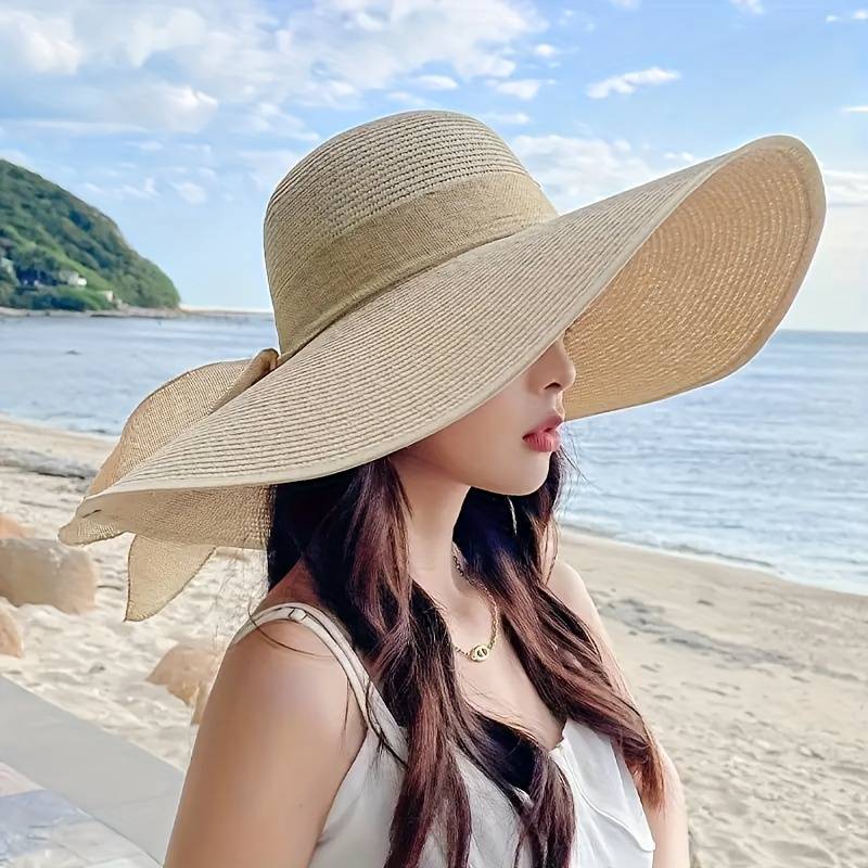 1pc Women's Extra Large Brim Summer Hat Foldable Anti-UV Protection Beach Hat With Ribbon Bow