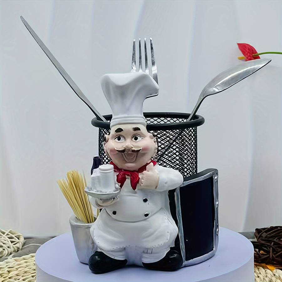 1pc Chef-Themed Resin Metal Toothpick Holder with Knife and Fork Storage Cartoon Chef Desig