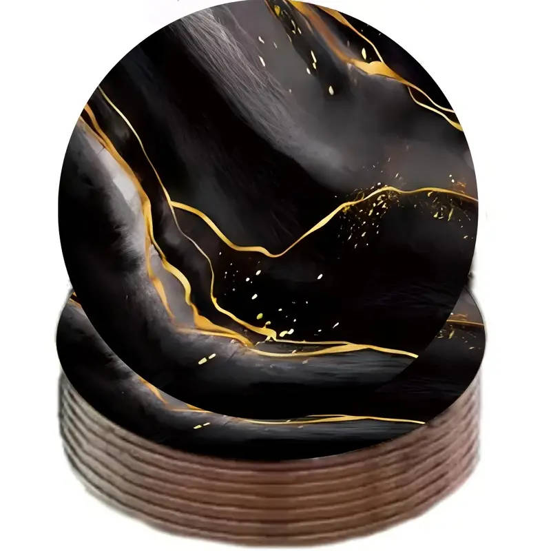 1Set of 6 Black And Golden Marble-Patterned Wooden Coasters Heat-Resistant And Perfect for Home Use