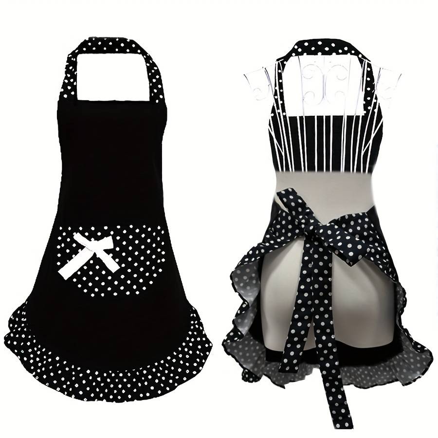 1pc Retro Polka Dot Apron with Ruffle Hem Large Pockets Black and White Vintage Kitchen Ba