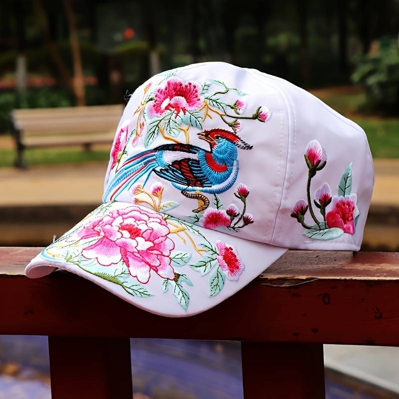 1pc Elegant Oriental-Inspired Women's Baseball Cap with Floral Bird Embroidery Adjustable Sun-