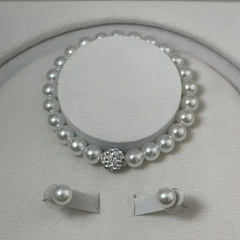 3 Piece White Faux Imitation Pearl Necklace Bracelet Earrings Set Rhinestone Ball