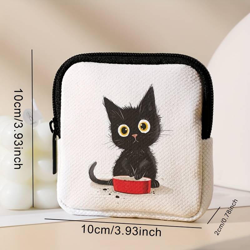 1pc 1-Pack Polyester Coin Purse with Cute Waiting Cat Print Large Capacity Zippered Pouch for Head