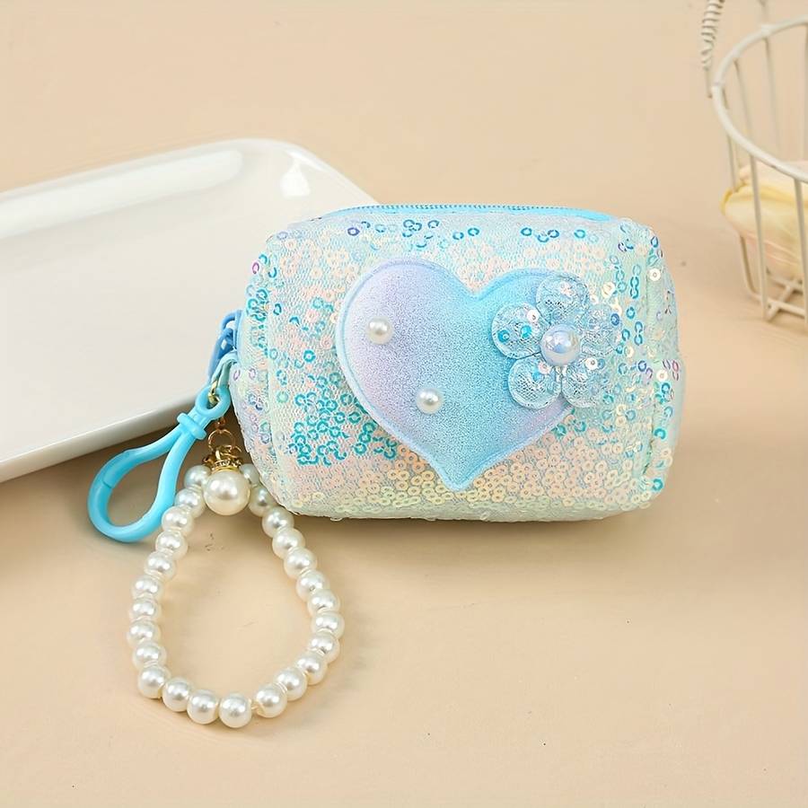 1pc Elegant Heart-Shaped Sequin Coin Purse with Pearl Accent C Vibrant Glitter Design Compact