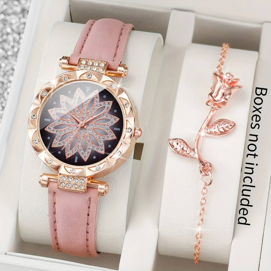 2pcs Set Women's Fashionable Simple Flower Petal Quartz Watch With Bracelet Set Includes Watchband A
