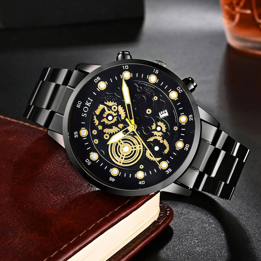1pc Men's Business Casual Quartz Watch with Calendar Black Stainless Steel Strap Digital Dial Golden