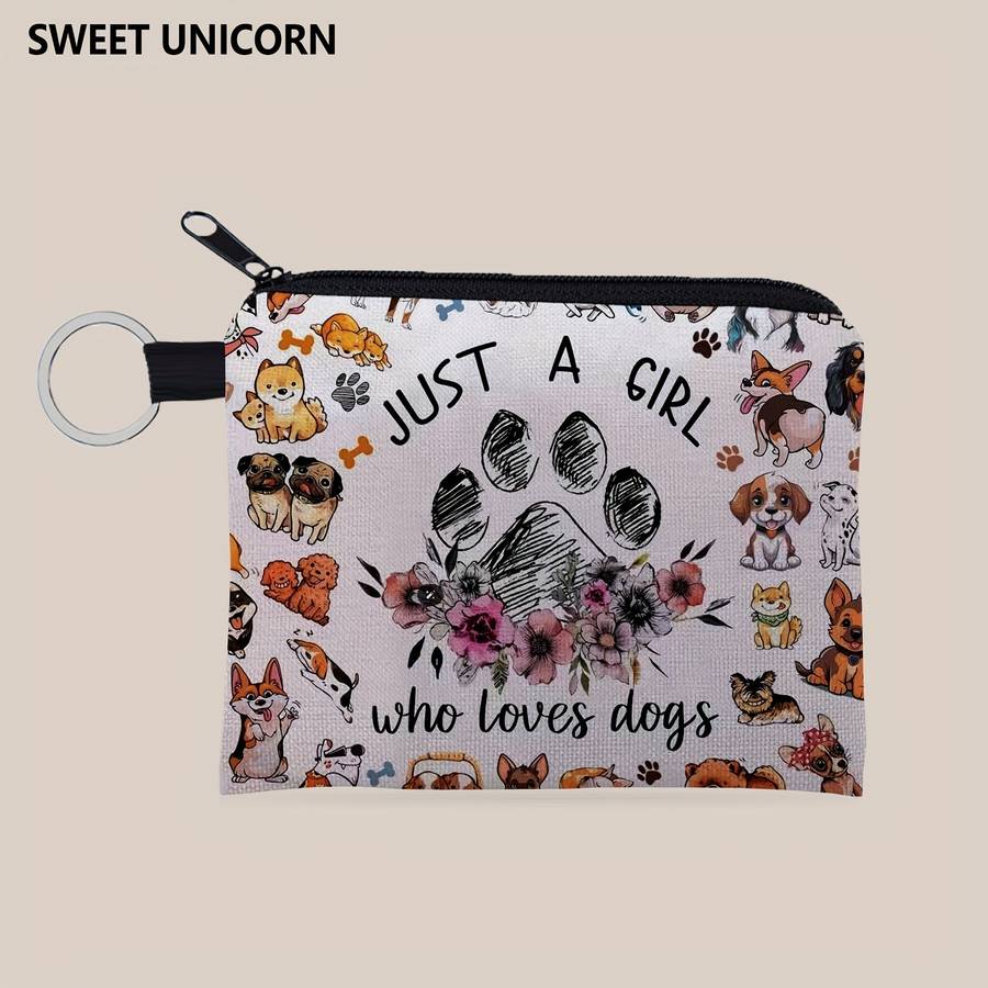 1pc SWEET Cute Dog Print Purse Lightweight Zipper Pouch with Keychain Small Capacity Multifu