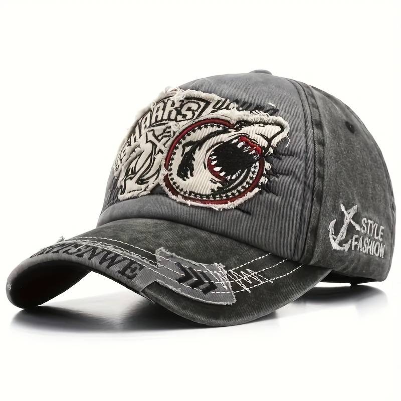 1pc Unisex Vintage Washed Baseball Cap with Shark Embroidery Adjustable Trucker Hat for Men Wom